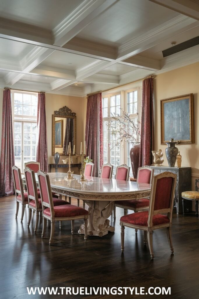 A sophisticated dining room is decorated with a coffered ceiling and red accents.