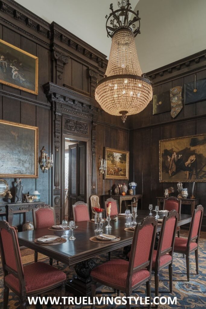 A formal dining room combines dark wood paneling with an ornate chandelier.