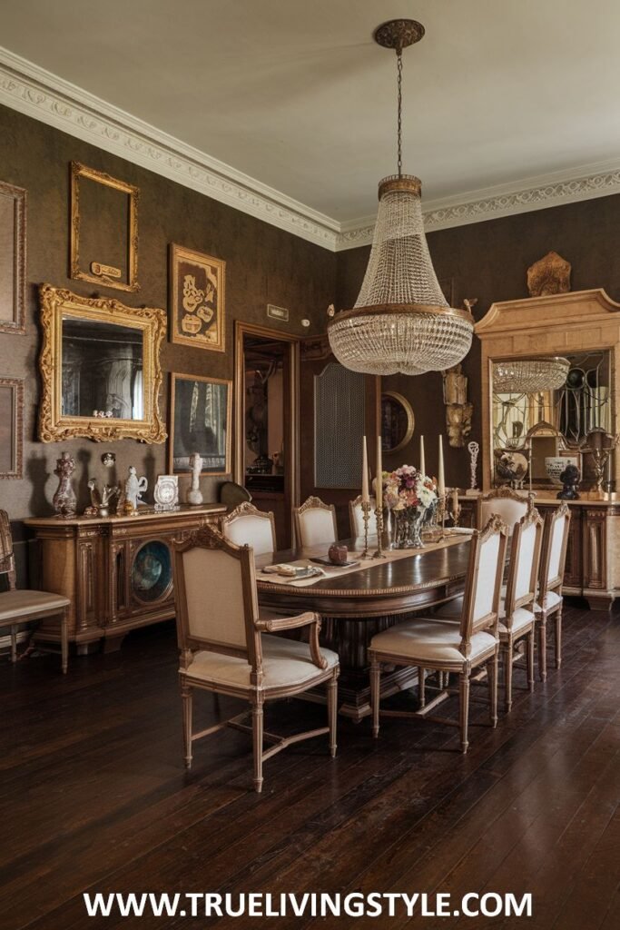 A vintage dining room is enhanced by dark wood floors and antique mirrors.