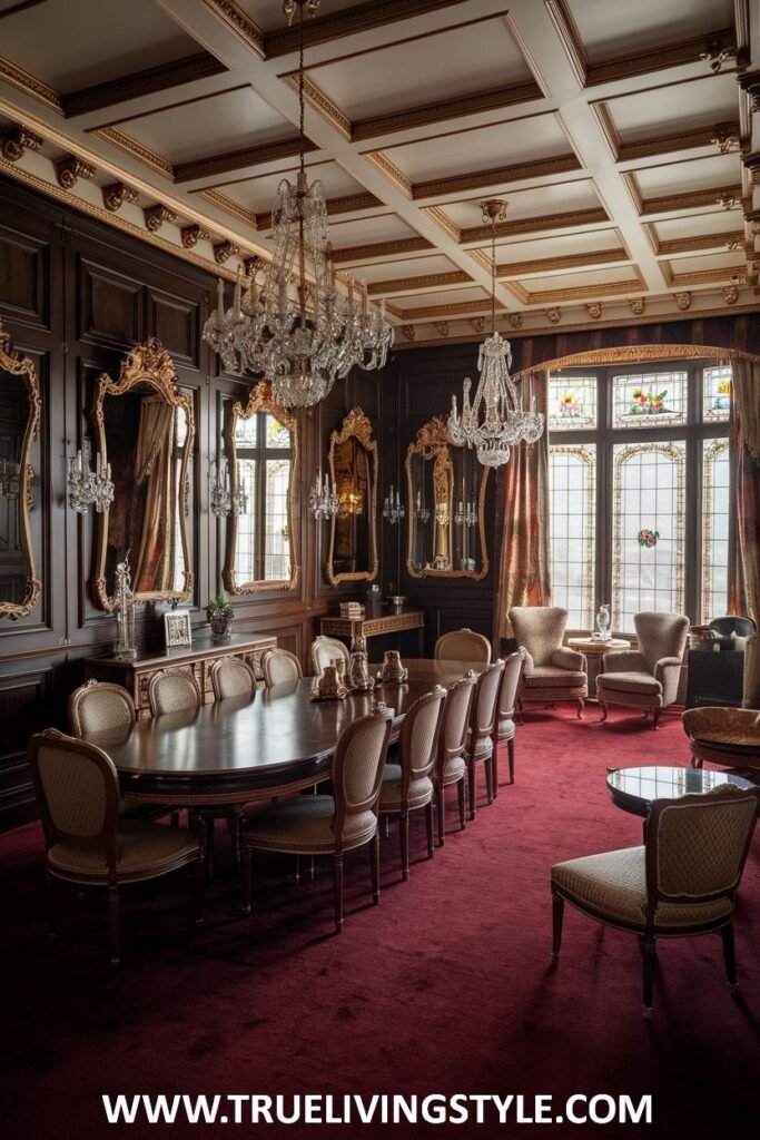 A visually appealing dining room is anchored by a red rug and features a coffered ceiling.