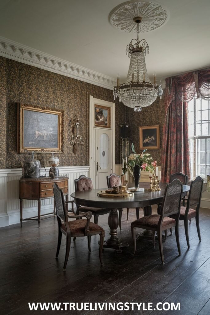 An intimate dining space combines dark wood floors with a round table.