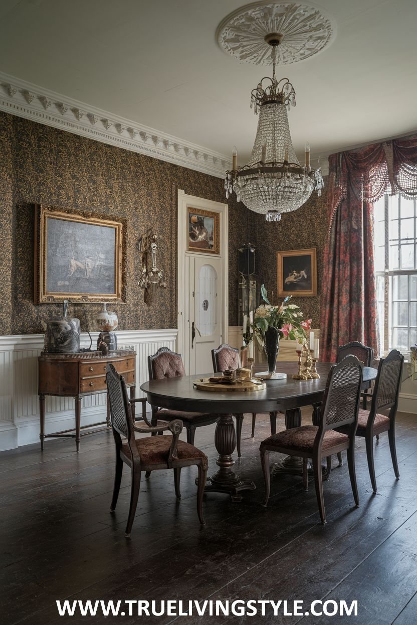 An intimate dining space combines dark wood floors with a round table.