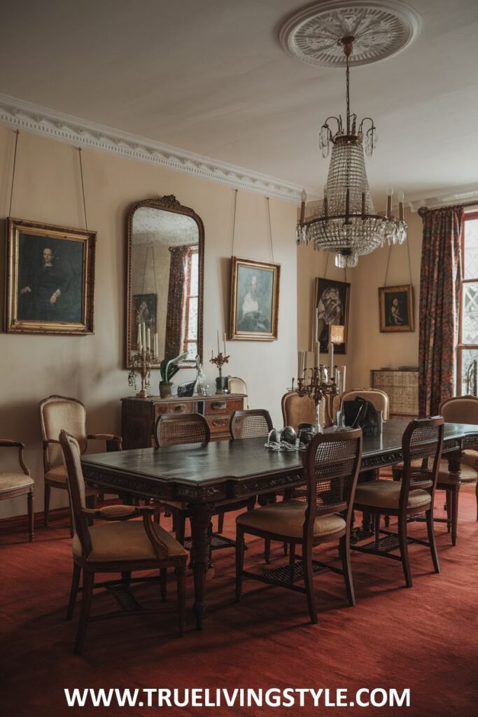 A classic dining room is decorated with a red rug and portrait art.