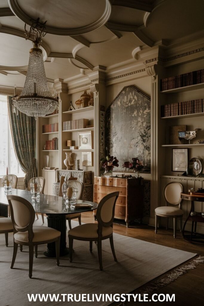 A unique dining room incorporates book shelves and a modern chandelier.