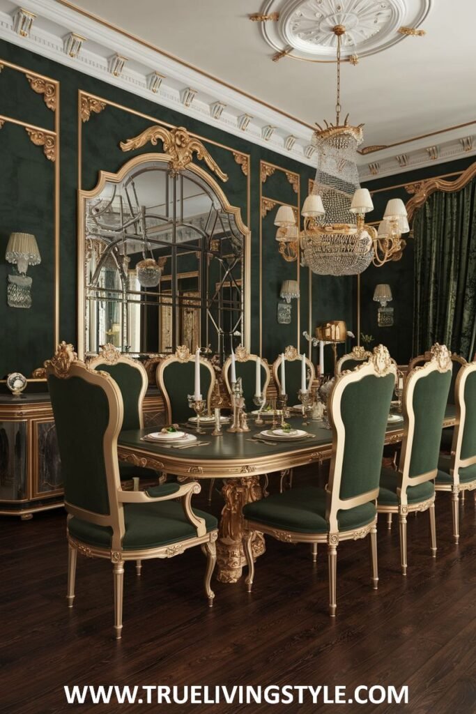 An opulent dining room is designed with a green and gold color scheme.