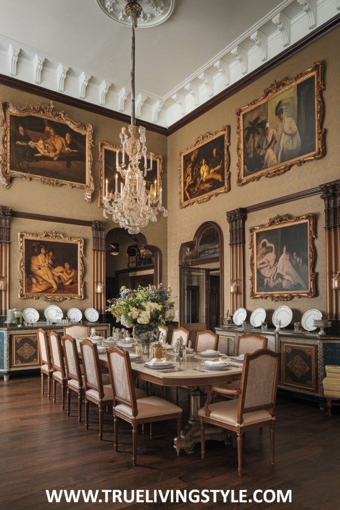 A timeless dining room features white walls and dark wood floors.