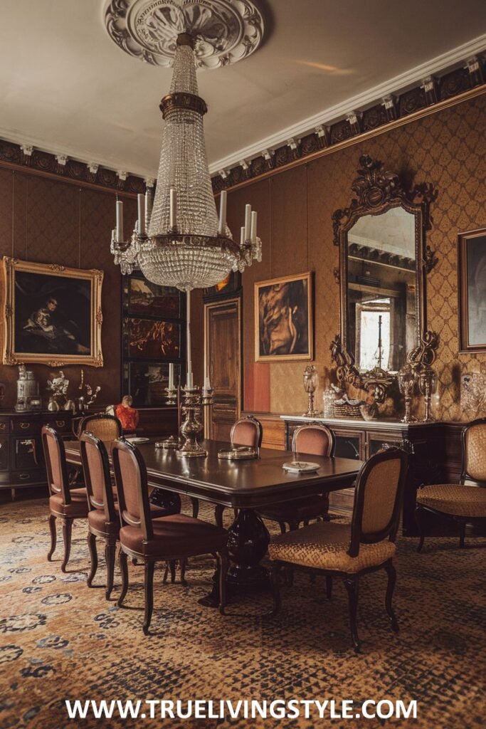 An elegant dining room is enhanced by ornate mirrors and a dark wood table.