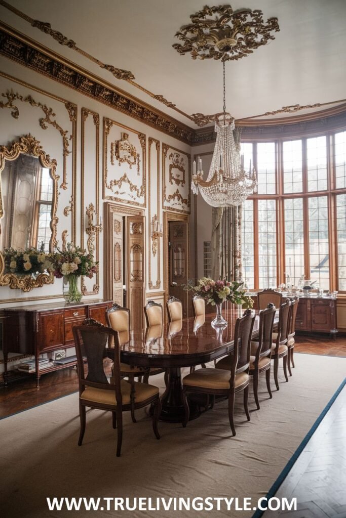 A grand dining room is characterized by large windows and ornate mirrors.