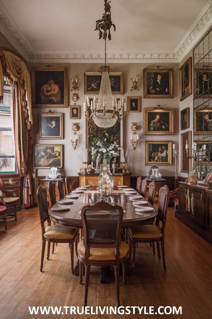 A classic dining room showcases a gallery wall of portraits and a long wooden table.