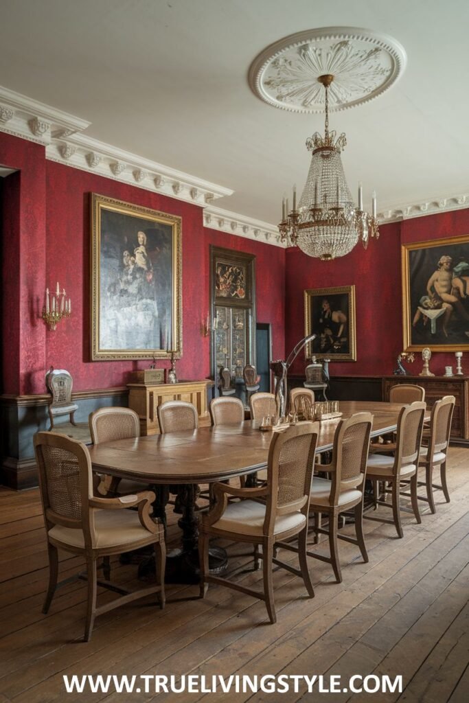 A dining room combines red textured walls with wooden flooring and a large wooden table.