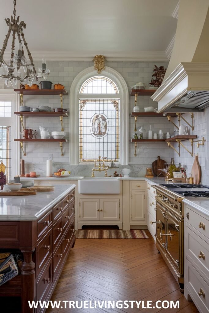 A bright kitchen is decorated with open shelving, a stained glass window, and a herringbone floor.