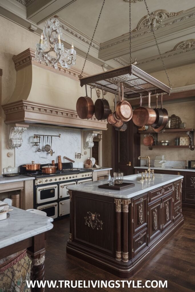 A kitchen with an island has dark wood cabinets and a hanging pot rack.