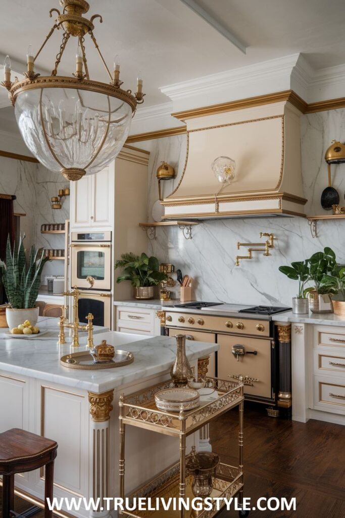 A kitchen features a marble island, gold accents, and plants.