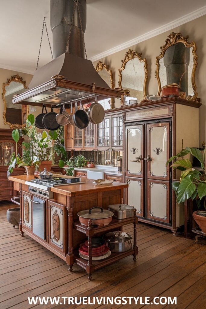 A kitchen features a center island with a cooktop and a vintage refrigerator.