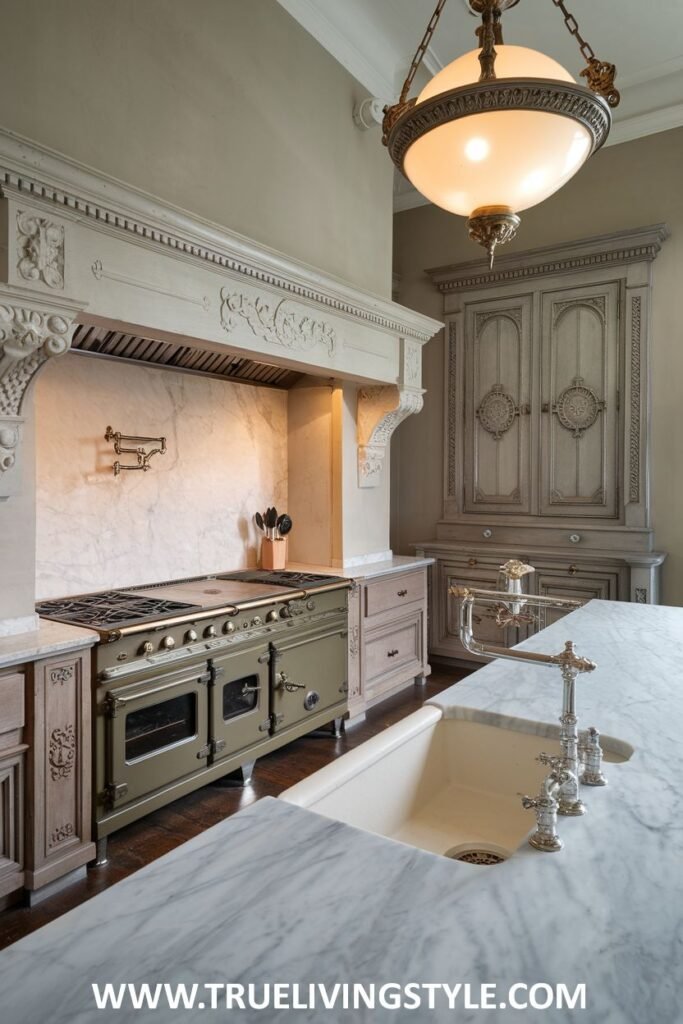 A kitchen features light-colored cabinets, marble countertops, and a range.