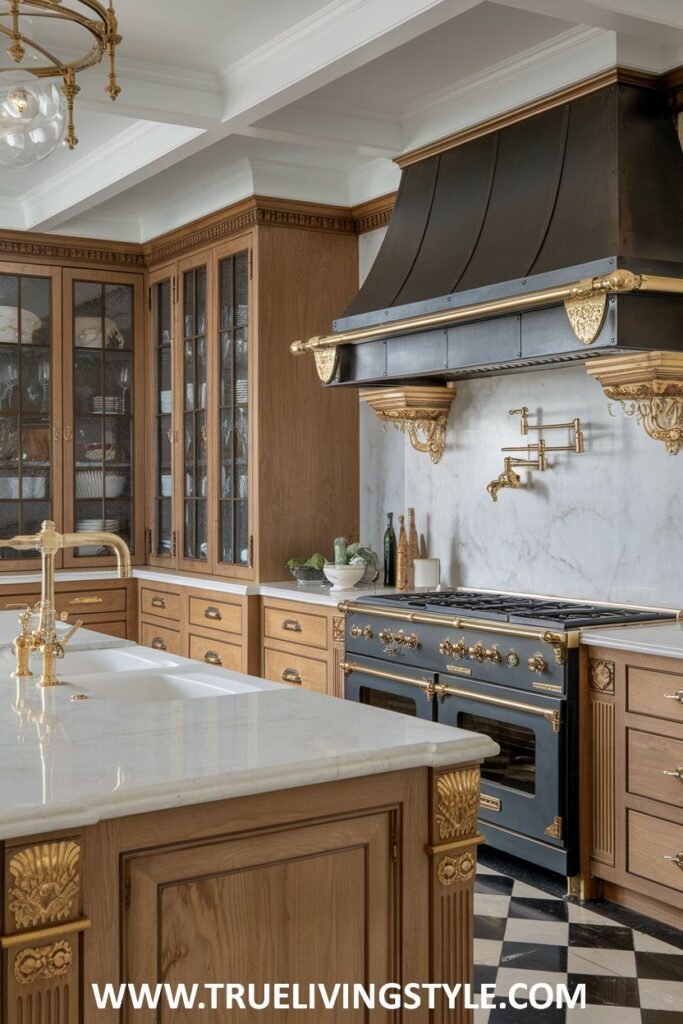 A kitchen features wood cabinets, a black range, and a black and white checkered floor.