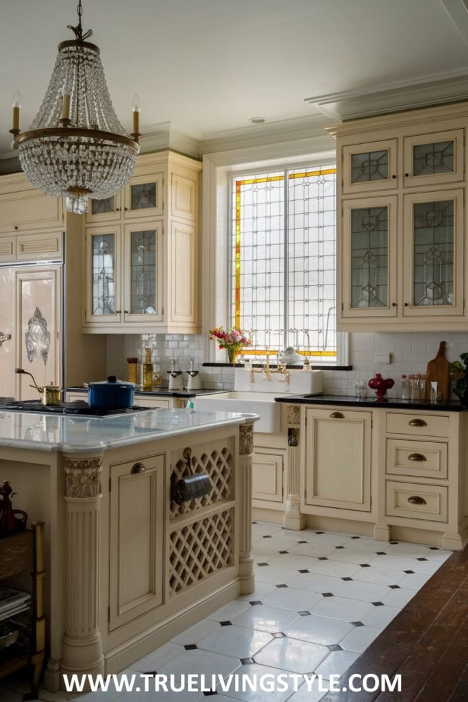 A kitchen features light-colored cabinets, a marble island, and a stained glass window.