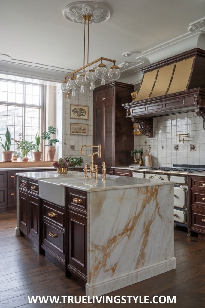 A kitchen has dark wood cabinets, a marble island, and a farmhouse sink.