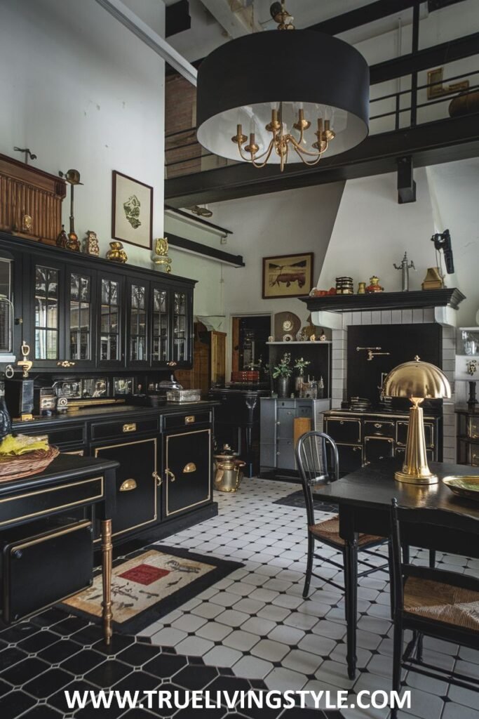 A kitchen features black cabinets with gold trim and a black and white tile floor.