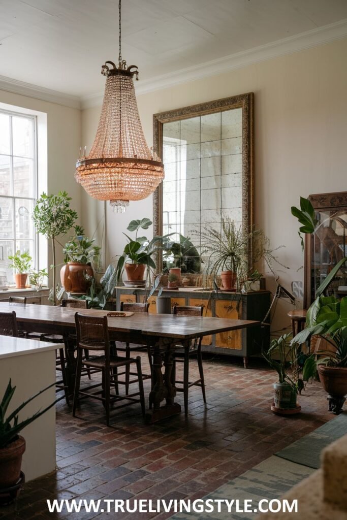 A dining area features a wooden table, chairs, plants, and a large mirror.