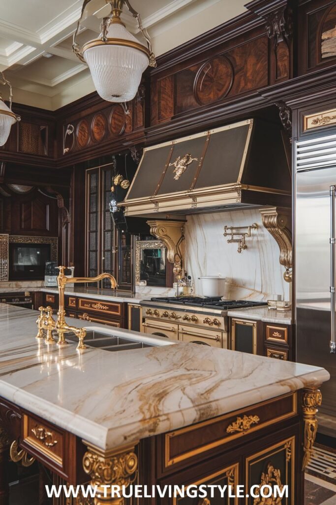 A kitchen features dark wood cabinetry, a marble countertop, and gold accents.