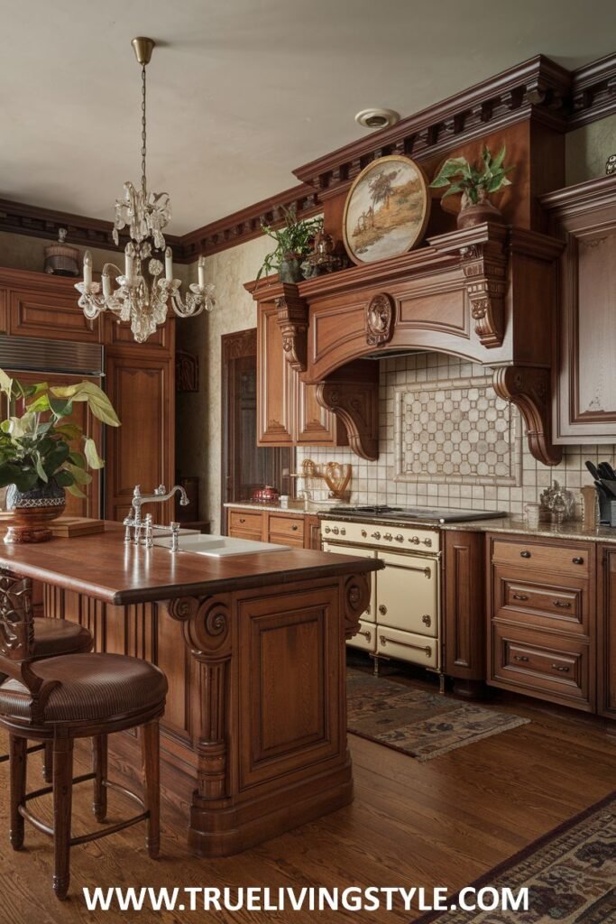 A kitchen with wood cabinets includes an island with seating.