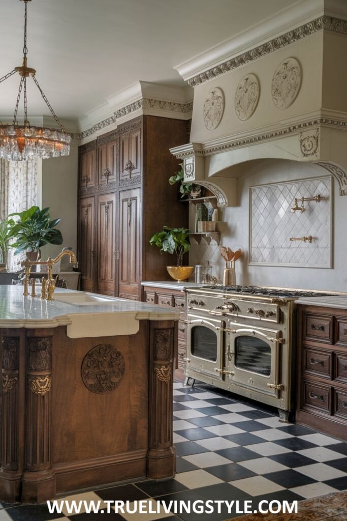 A kitchen features dark wood cabinets, a marble island, and a black and white checkered floor.