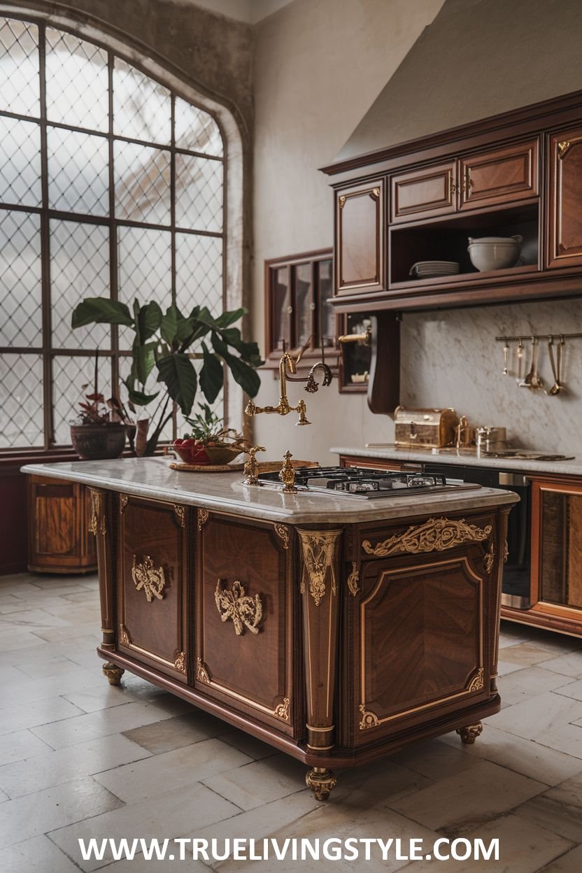 A kitchen features dark wood cabinets, a marble island, and a large window.