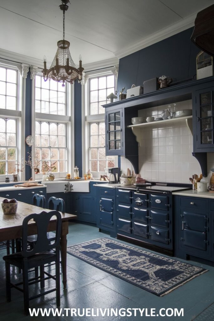 A kitchen with blue cabinets includes a dining area.