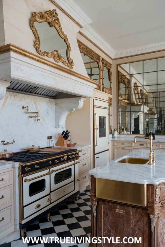 A kitchen featuring marble countertops and black and white tile flooring has an island.