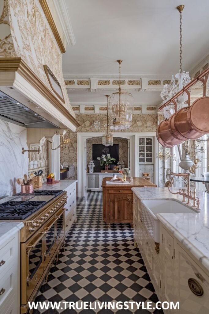 A kitchen features a long island, black and white checkered floors, and a pot rack.