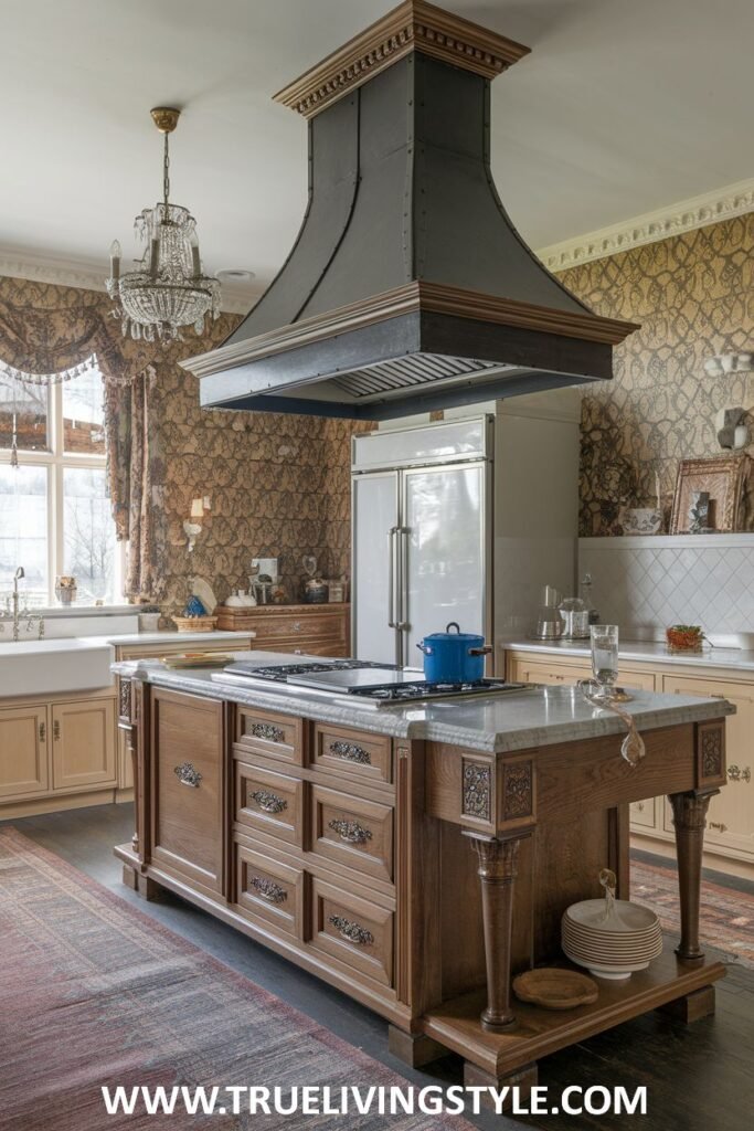 A kitchen area with an island includes a refrigerator and patterned wallpaper.