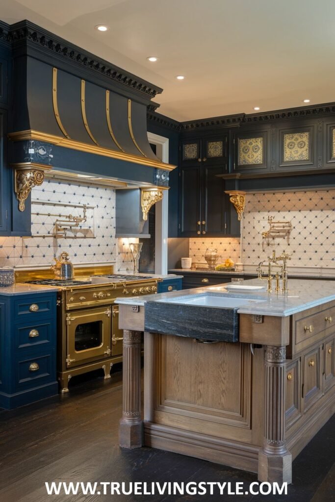 A kitchen features dark blue cabinetry and a gold range.