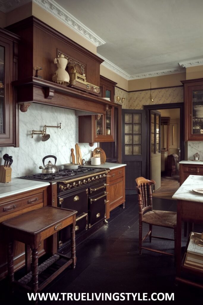 A kitchen is designed with dark wood cabinets and black appliances.