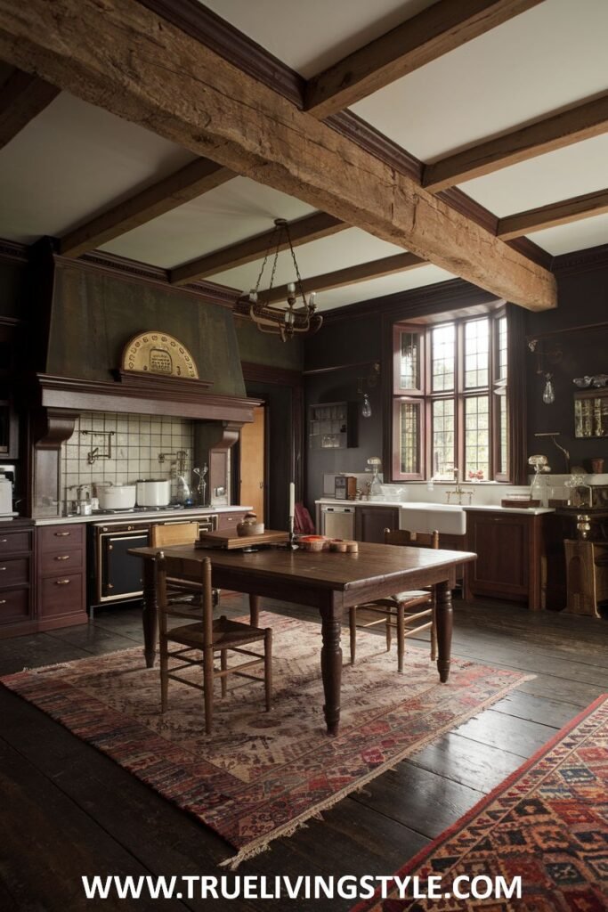 A kitchen area is furnished with a large wooden table and chairs under exposed wood beams.