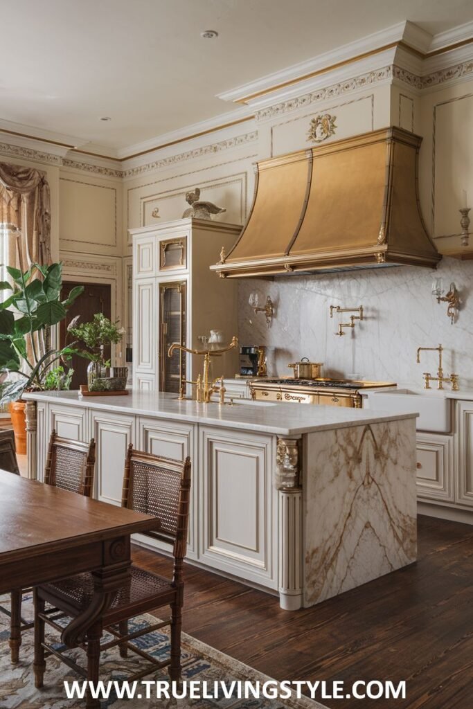 A kitchen with an island and range features gold accents and marble countertops.