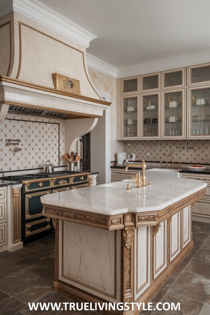 A kitchen features a large marble island, a range, and glass-front cabinets.