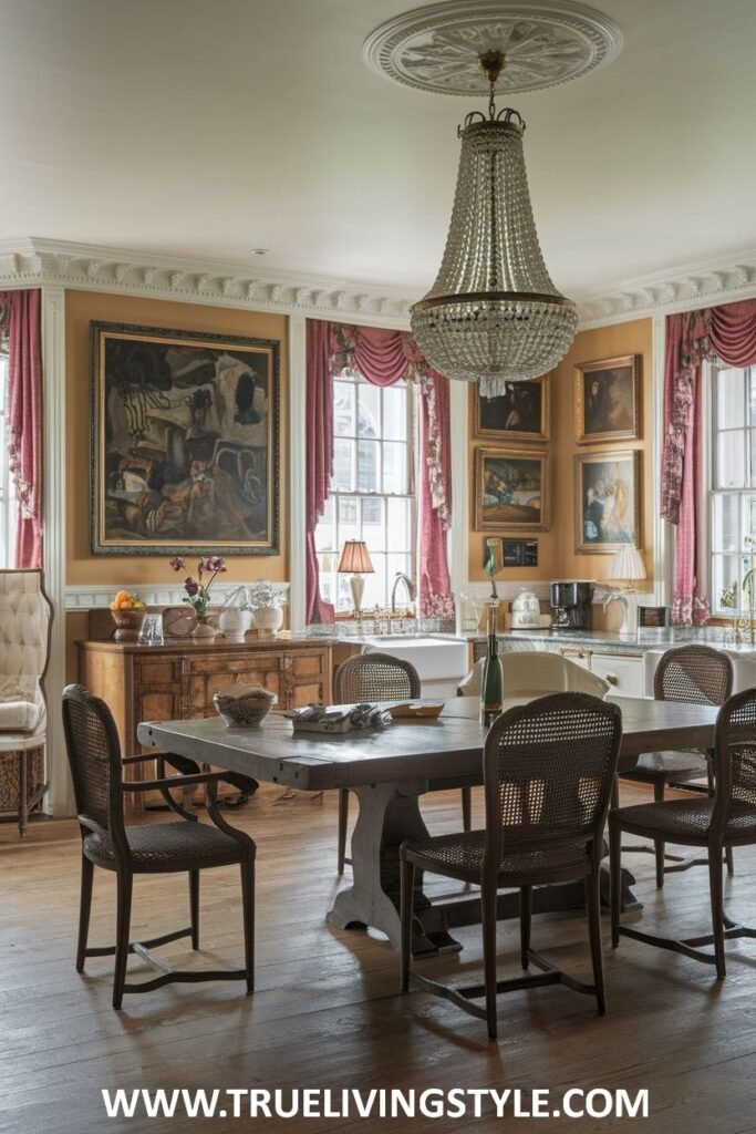 A dining area includes a wooden table, chairs, and a chandelier.