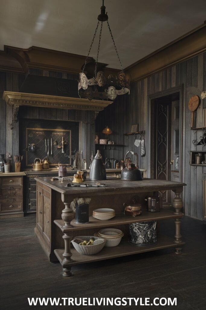 A kitchen area with a rustic island has dark wood cabinets and floors.