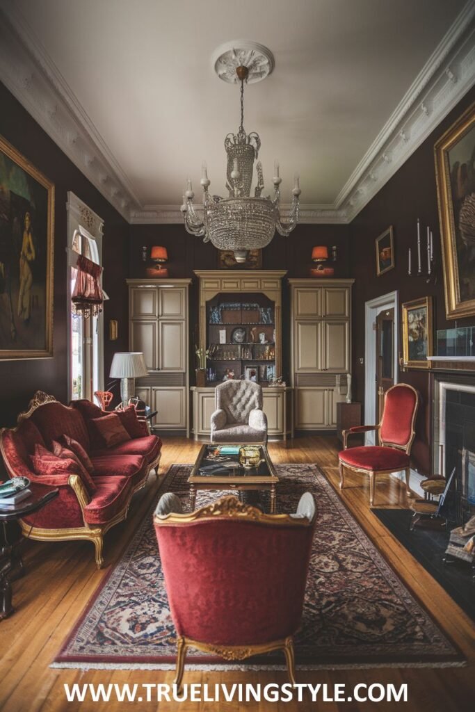 Rich wood flooring and a velvet upholstered sofa in deep red define this luxury Victorian living room. A large crystal chandelier, detailed rugs, and artwork add to the opulent Victorian luxury of the living room.