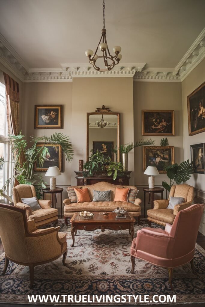 Abundant indoor greenery fills this light-filled luxury Victorian living room. Comfortable upholstered seating, framed artwork, and a patterned rug create a relaxed yet luxury Victorian ambiance in the living room.