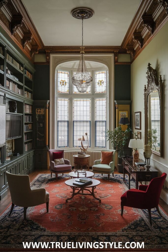 Built-in bookcases and a prominent stained glass window are features of this luxury Victorian living room (or library). Comfortable armchairs and a central coffee table create a cozy and intellectually stimulating Victorian luxury in the living room.