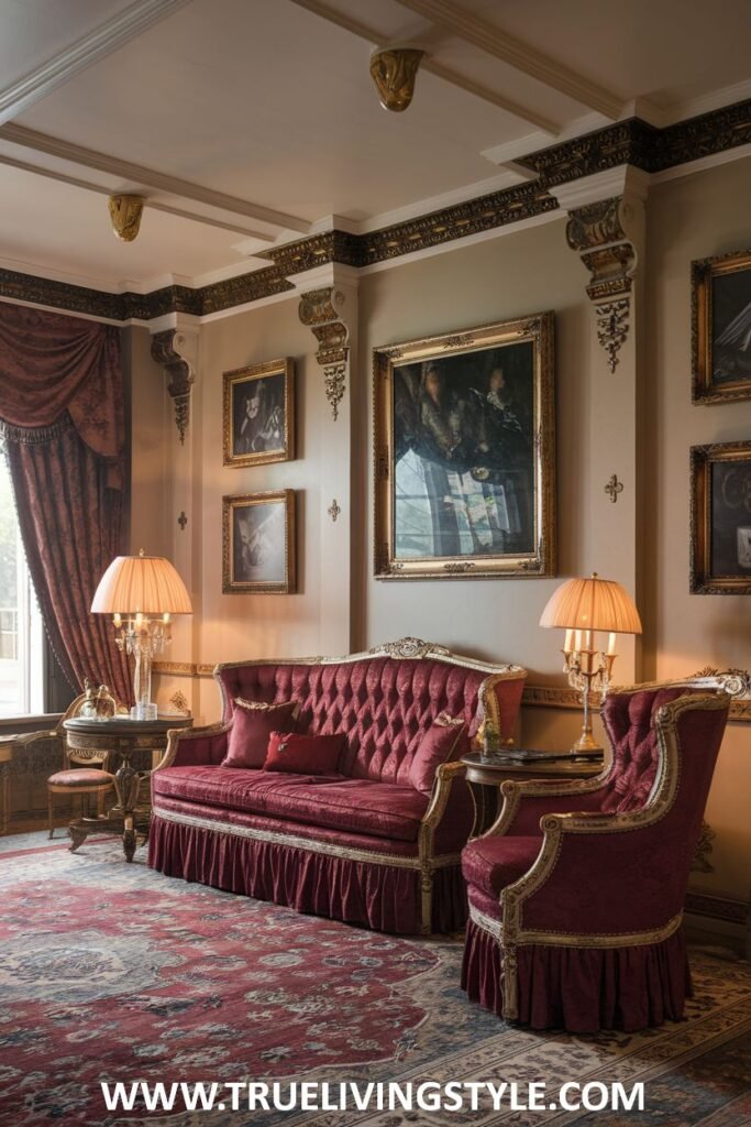 Tufted upholstery on the sofa and armchairs, along with detailed ceiling cornices, characterize this luxury Victorian living room design. Rich red fabrics and gilded accents enhance the sense of Victorian luxury in the living room.