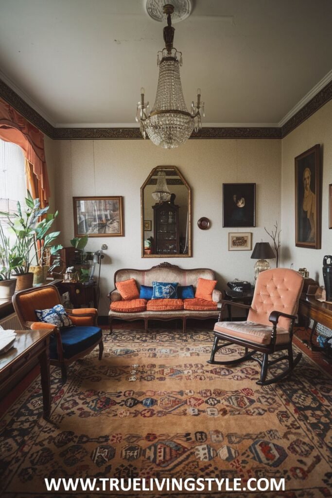 An eclectic mix of furniture styles, including a rocking chair, is present in this luxury Victorian living room setting. The room features a patterned rug, various artworks, and indoor plants, creating a unique and comfortable Victorian luxury in the living room.