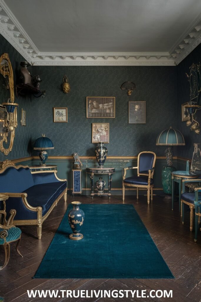 Bold teal accents in the upholstery and decor stand out against dark, textured walls in this dark luxury Victorian living room. Ornate gold-framed mirrors and detailed furniture contribute to the dramatic Victorian luxury of the living room.