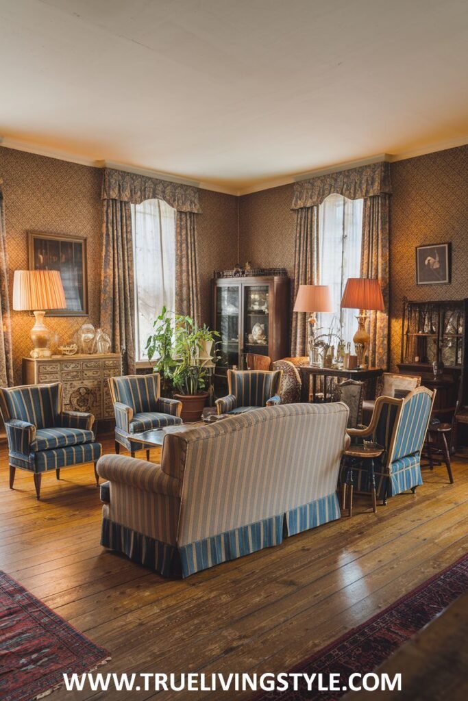 Striped upholstery on the sofas and armchairs adds a touch of pattern to this bright luxury Victorian living room space. Wood flooring and large windows contribute to the welcoming Victorian luxury of the living room.