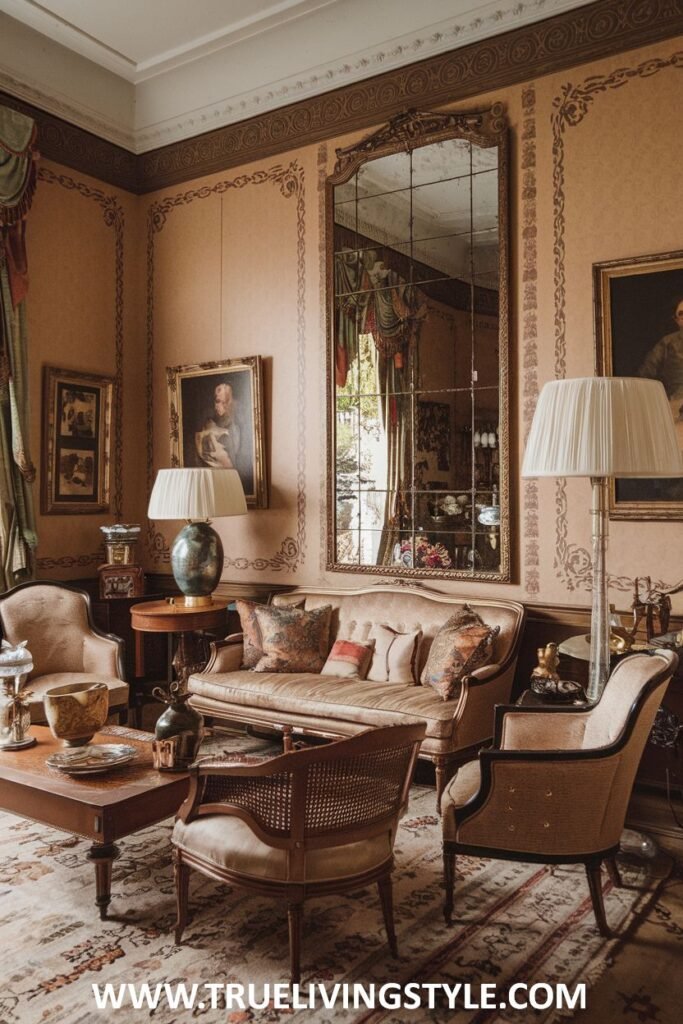 Warm earth tones in the walls, upholstery, and rug create a comfortable and inviting atmosphere in this luxury Victorian living room style. Elegant furniture pieces and a large segmented mirror contribute to the Victorian luxury of the living room.