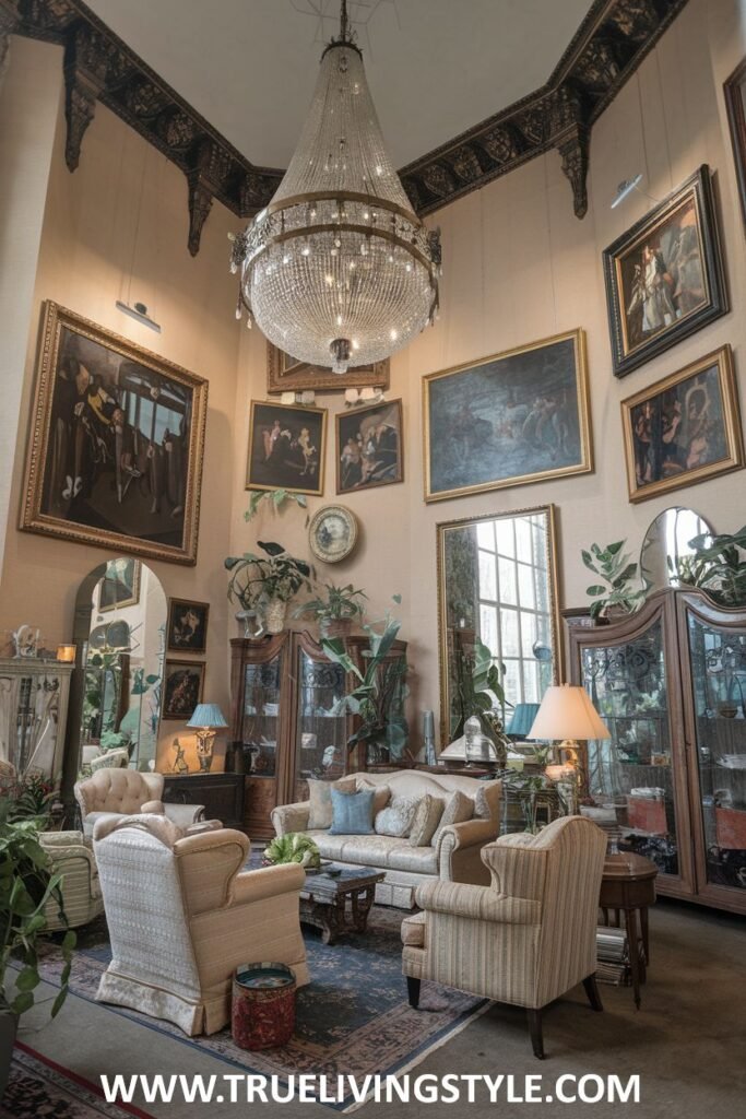 An abundance of indoor plants and plenty of natural light define this luxury Victorian living room setting. Comfortable upholstered furniture and a mix of decorative objects add to the relaxed Victorian luxury of the living room.