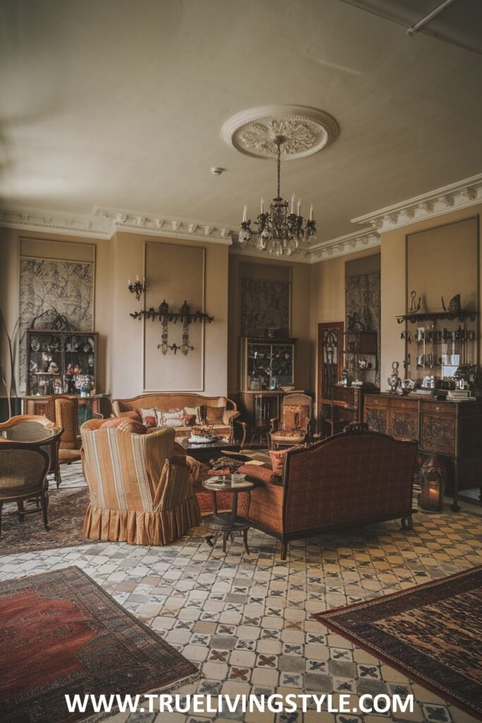A striking patterned tile floor adds a unique architectural element to this luxury Victorian living room design. A mix of upholstered furniture and antique pieces contributes to the character and Victorian luxury of the living room.