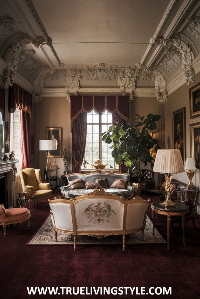 Ornate ceiling plasterwork is a key decorative element in this luxury Victorian living room (or drawing room). Elegant furniture, including a gold-trimmed sofa and rich drapery, contributes to the sense of Victorian luxury and grandeur in the living room.